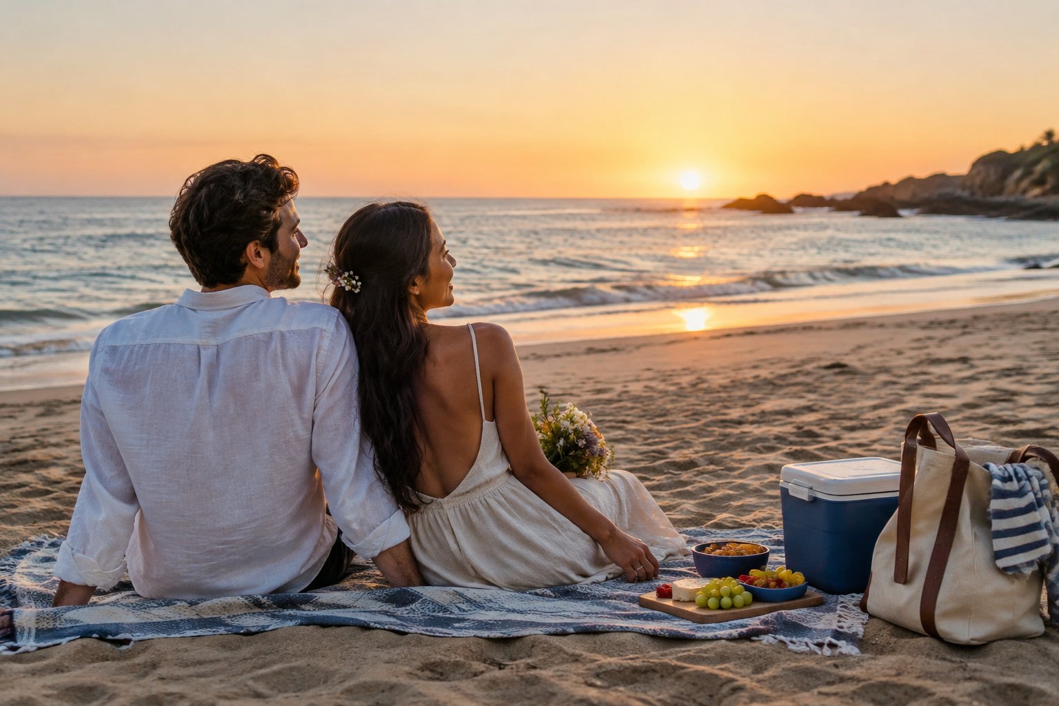 A newly married couple shares a picnic on the beach while watching the sunset.