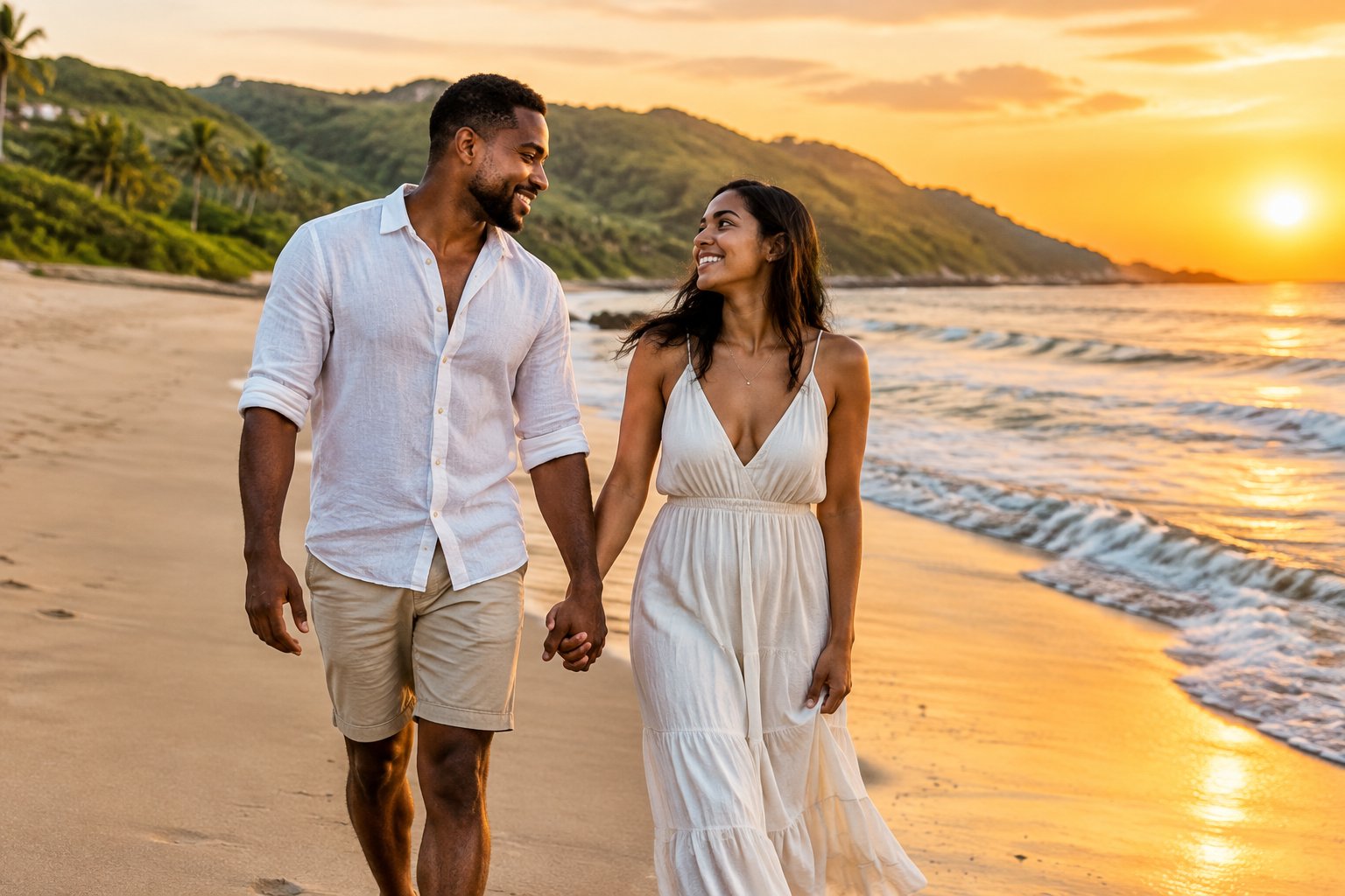 A couple walks hand in hand along a beach at sunset.
