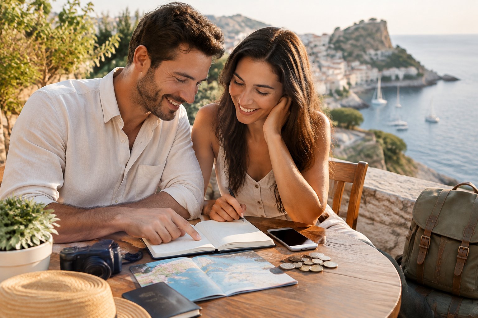 A newlywed couple plans an affordable honeymoon at a seaside café.