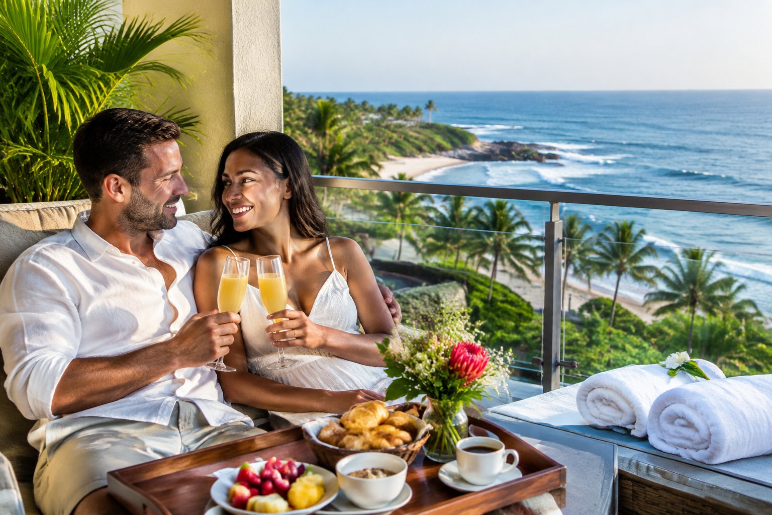 A newlywed couple shares breakfast on a balcony overlooking the ocean.