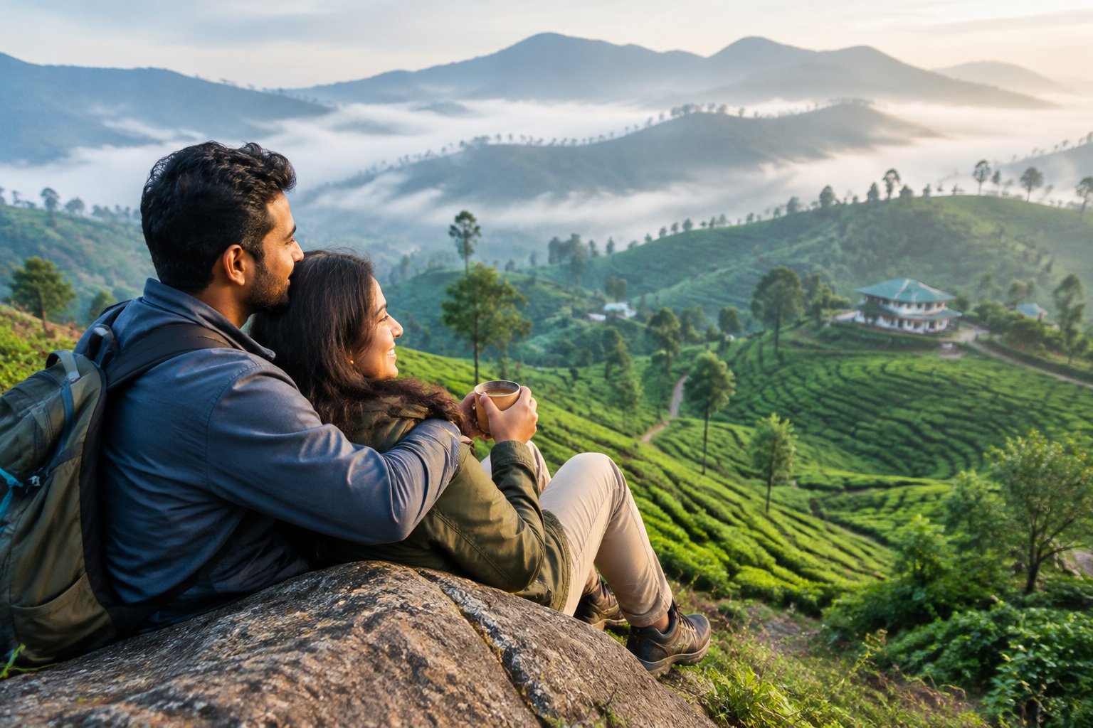 A newlywed couple admires the misty green mountains and tea plantations of Kerala.