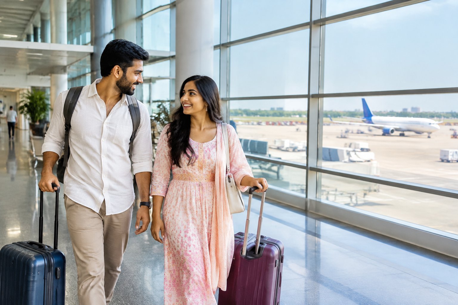 A newlywed couple walks through an airport with their luggage.