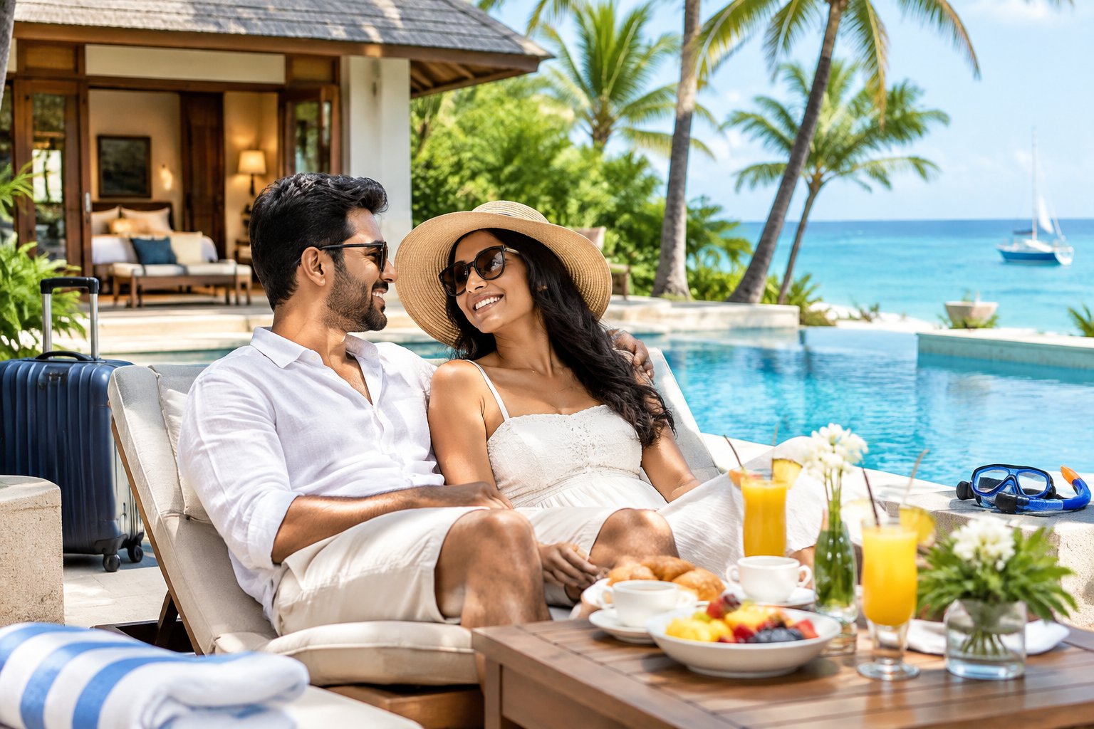 A newlywed couple relaxes at a tropical resort beside a pool, with breakfast and travel gear nearby.