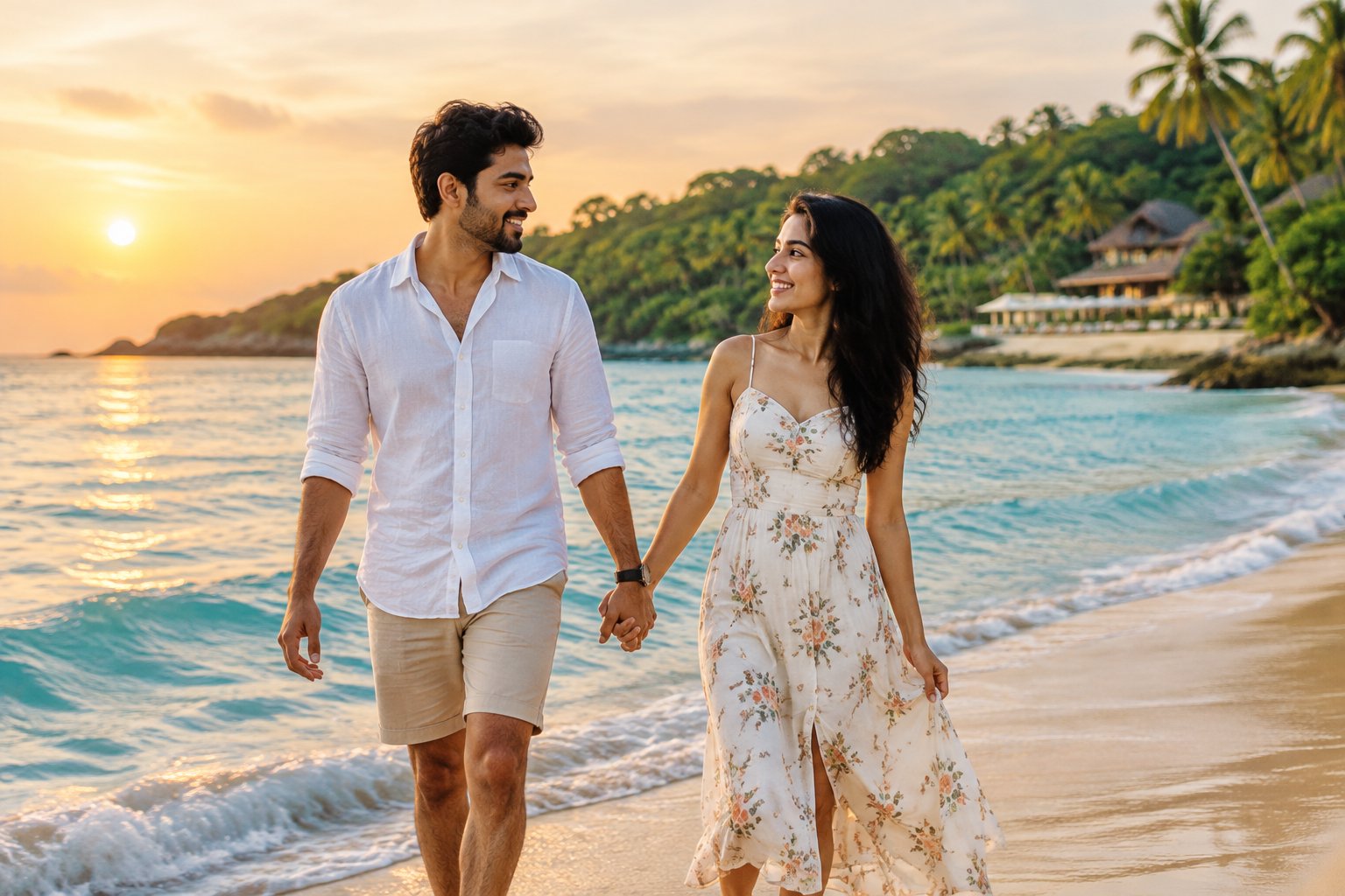 A couple walks hand in hand along a tropical beach at sunset.