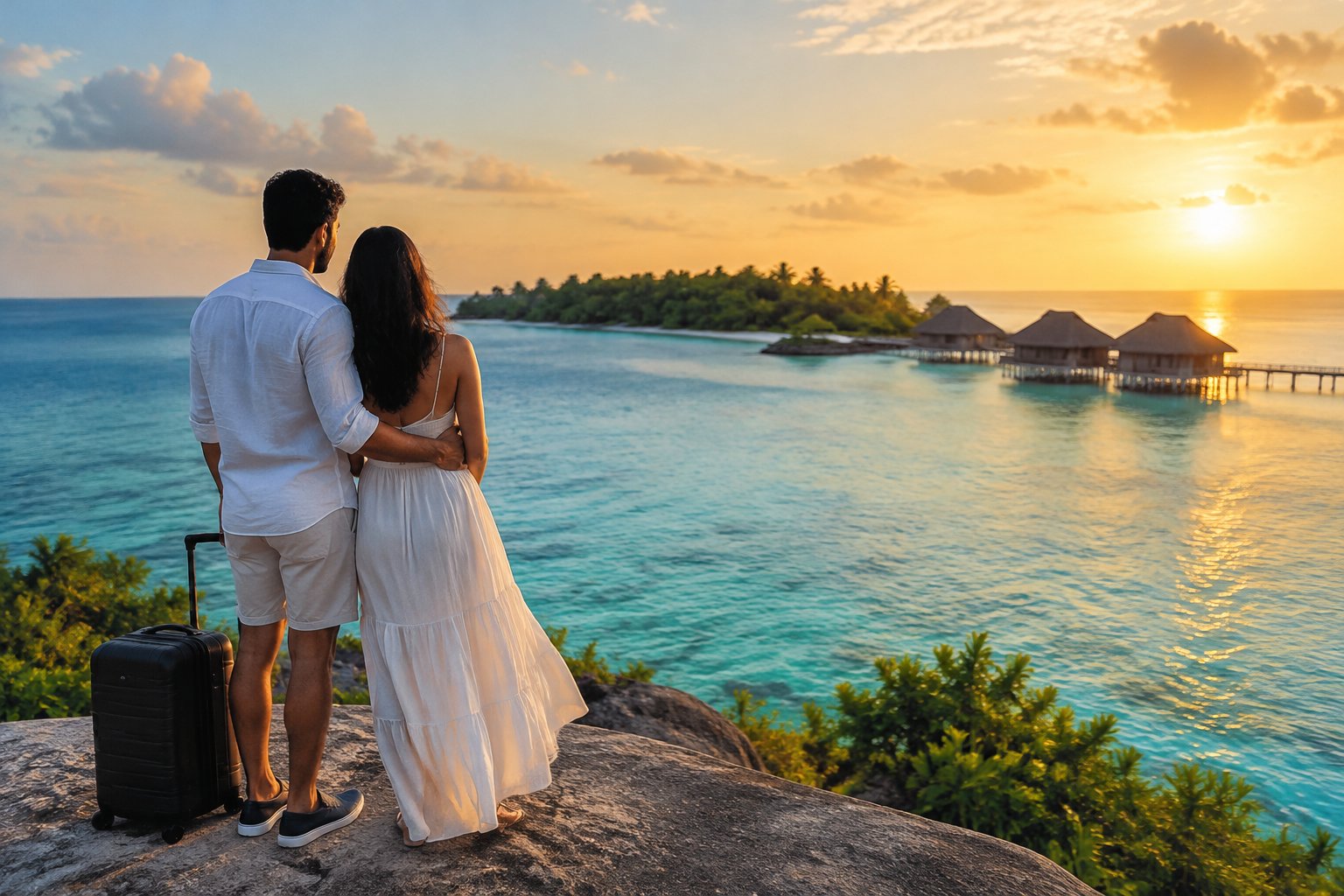A couple stands together overlooking turquoise water and a tropical island.