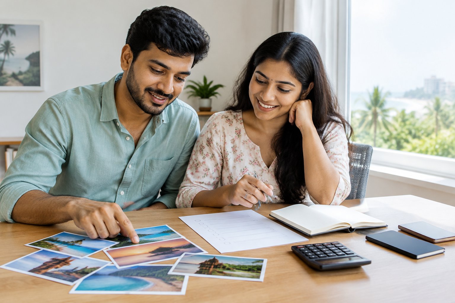 A couple compares travel plans and a budget at home.