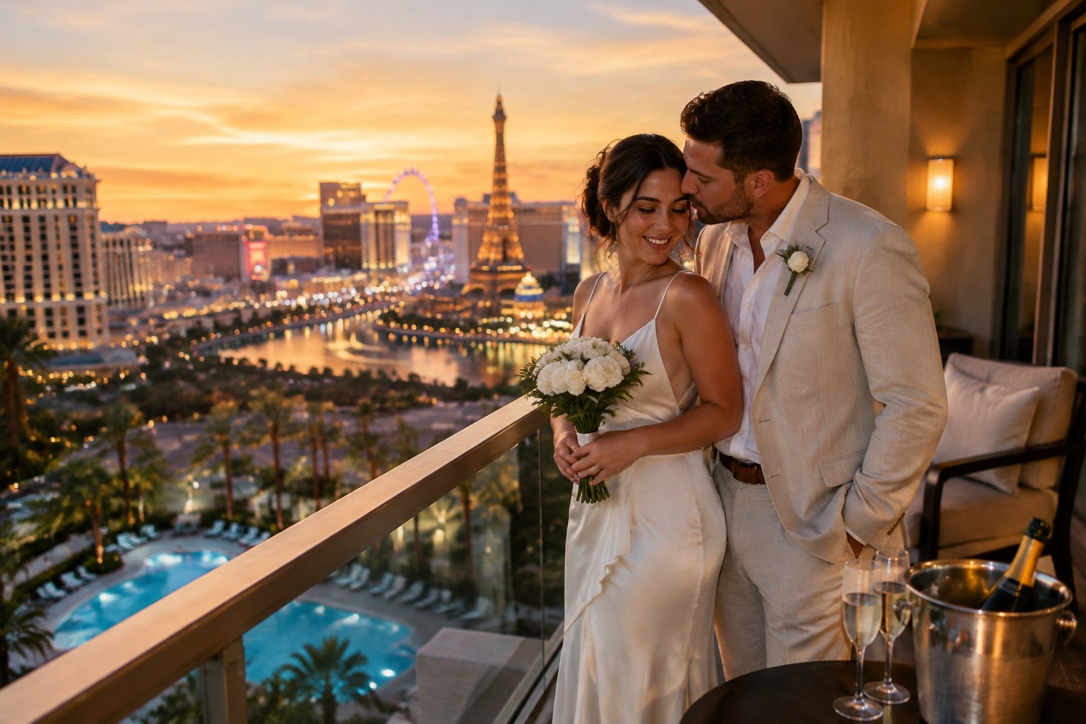 A newlywed couple shares a romantic moment on a hotel balcony overlooking the Las Vegas Strip.
