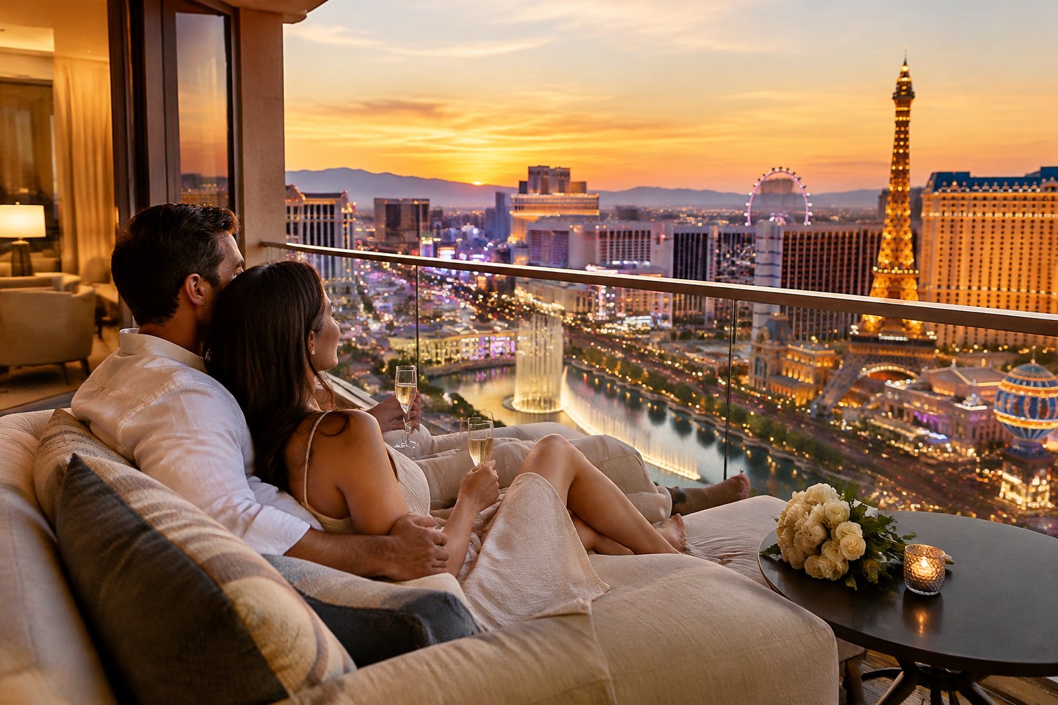 A couple relaxes on a hotel balcony overlooking the Las Vegas Strip.