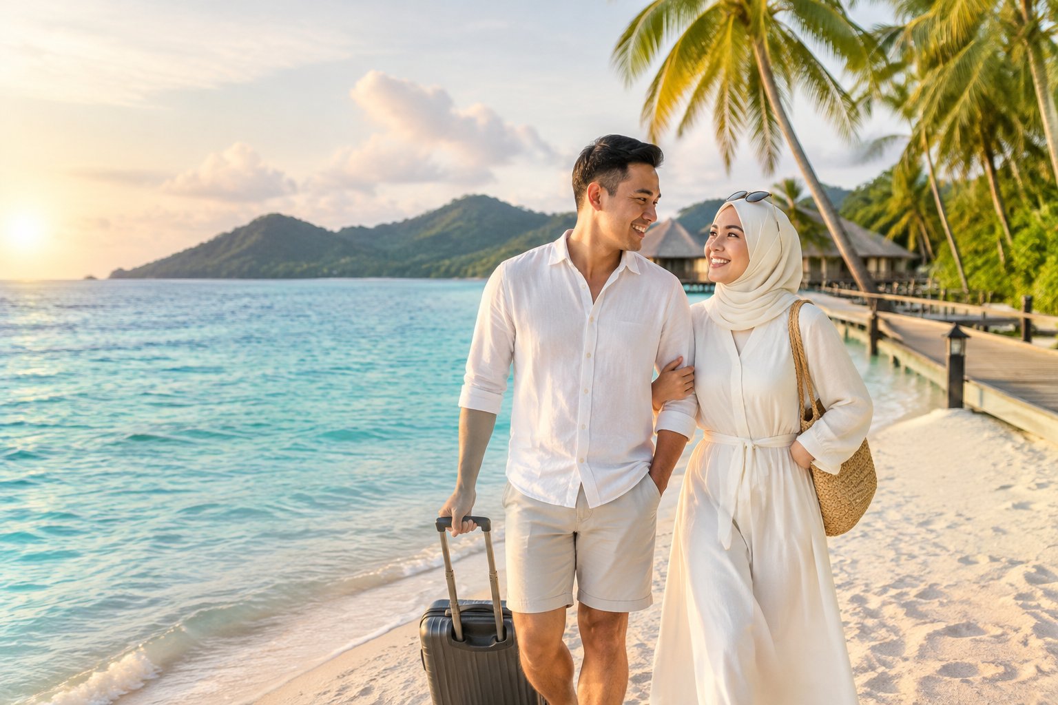 A newlywed couple stands together on a tropical beach beside a suitcase.