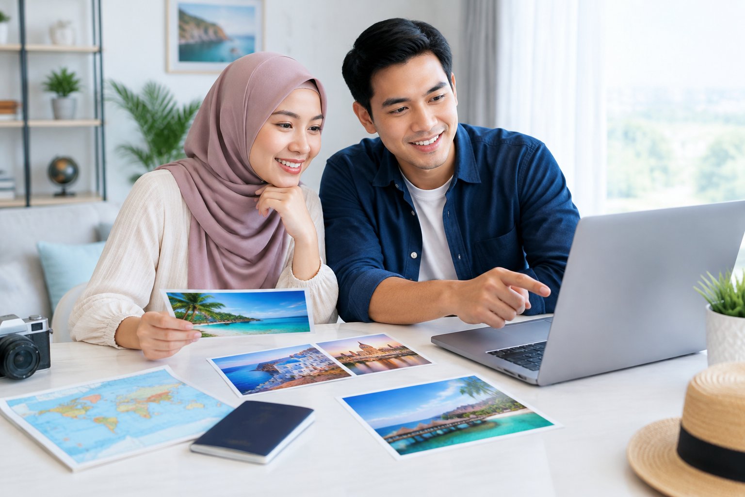 A couple compares overseas honeymoon travel options at a desk.