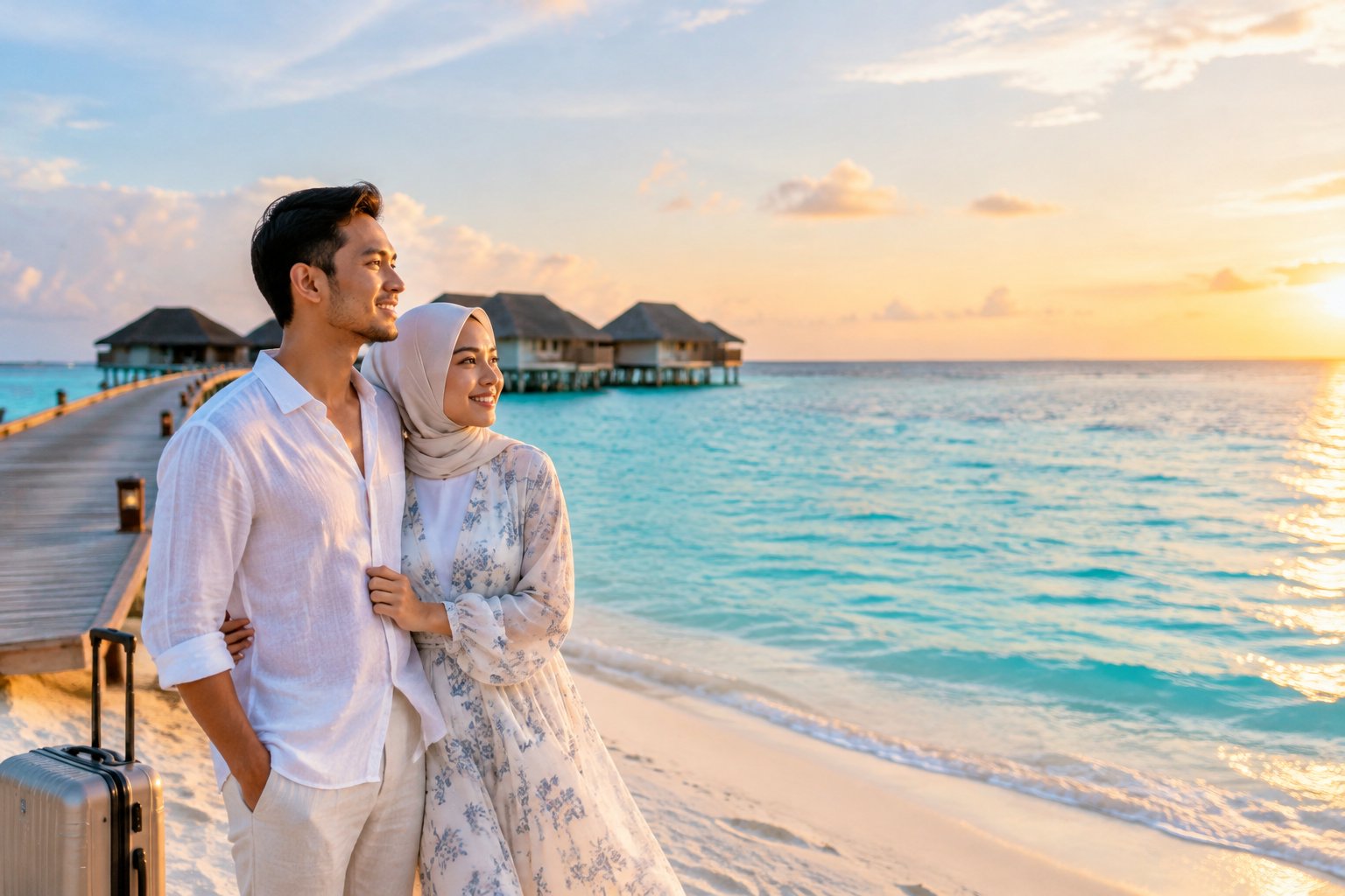 A Malaysian couple shares a romantic moment on a tropical beach beside turquoise water.