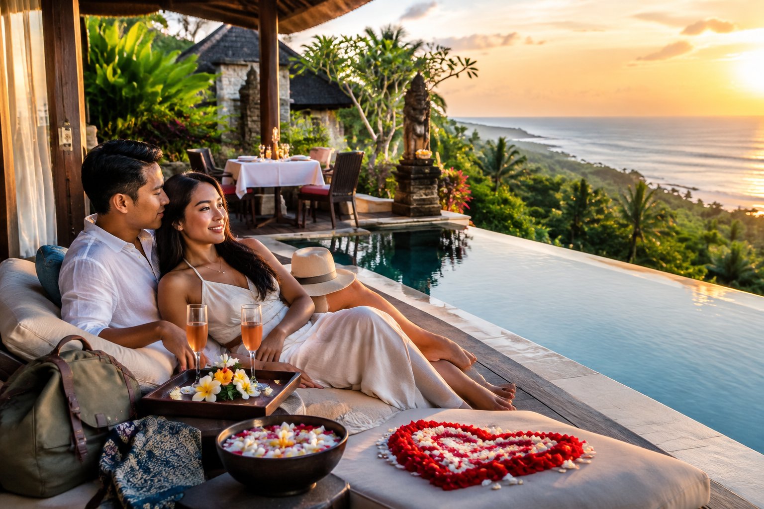 A newlywed couple relaxes beside a Bali resort pool overlooking tropical greenery and the ocean.