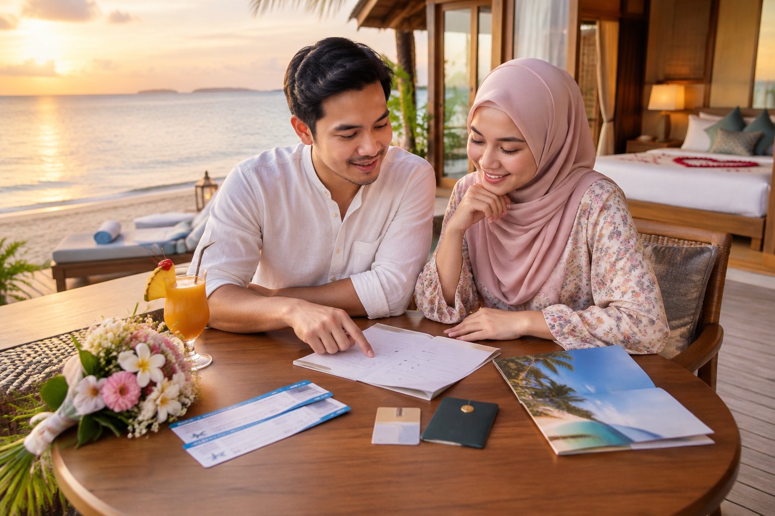 A newlywed couple reviews travel items at a beachfront resort.
