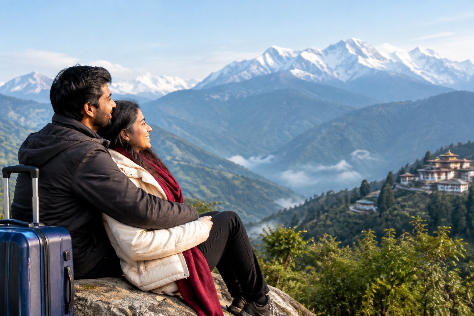 A newlywed couple admires the Himalayan mountains from a scenic viewpoint in Sikkim.