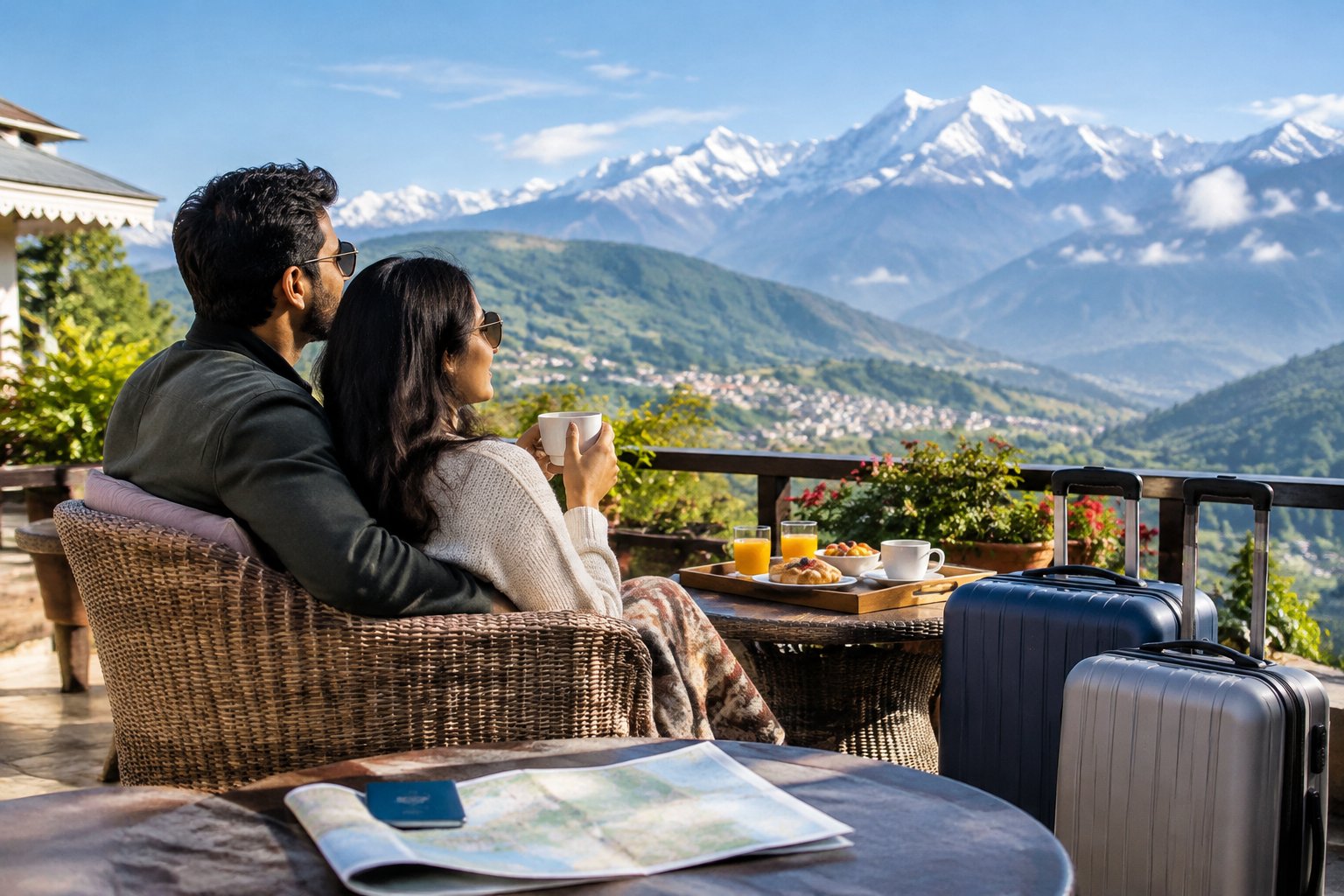 A newlywed couple on a mountain terrace with suitcases and breakfast, overlooking the Himalayas.