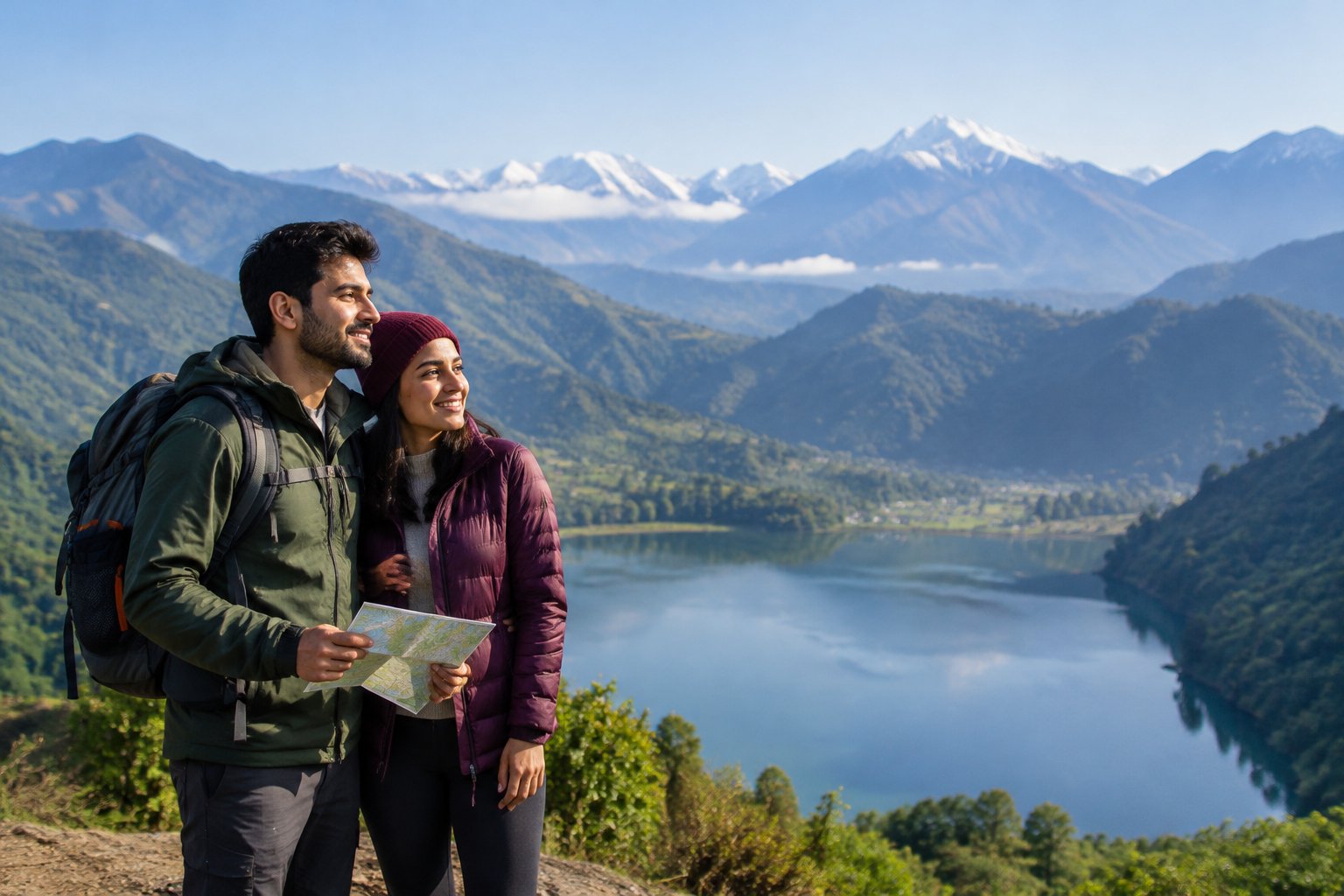 A couple looks out over a mountain lake and the Himalayan peaks in Sikkim.