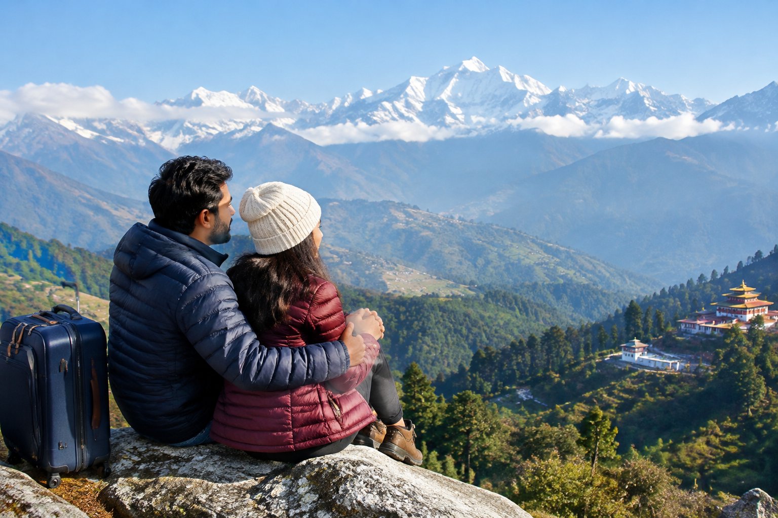 A couple admires the Himalayan mountains from a scenic viewpoint in Sikkim.