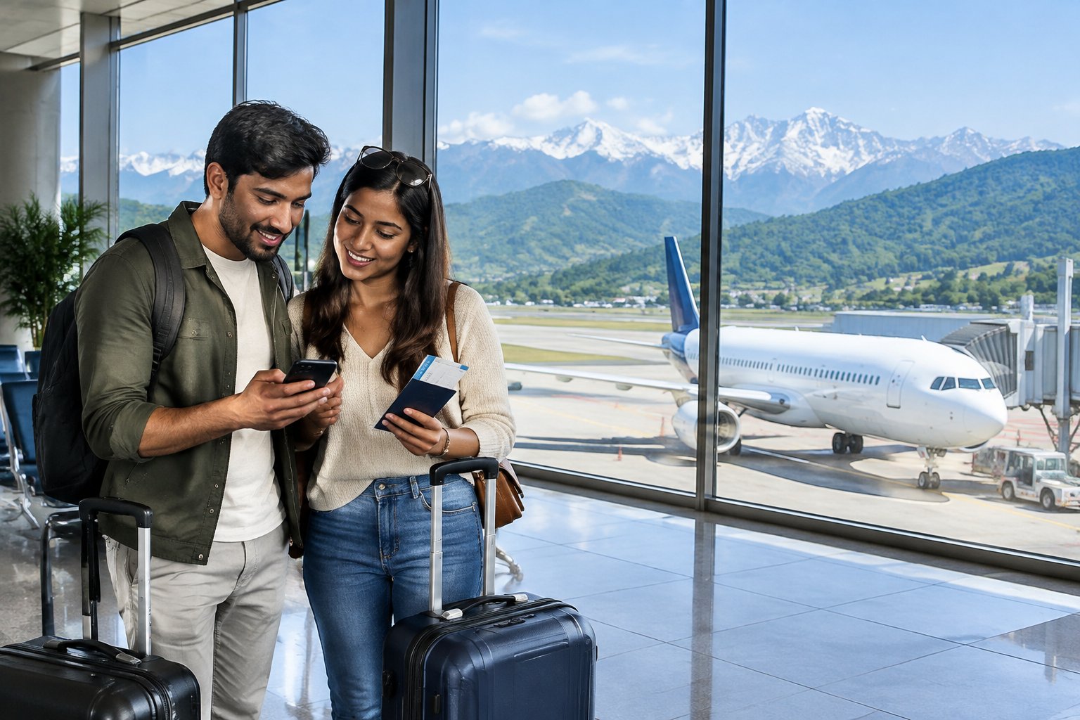 A newlywed couple with luggage checks a phone at an airport before traveling to Sikkim.