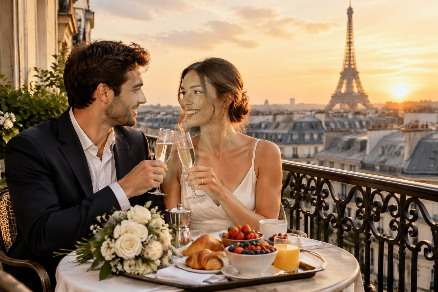 A newlywed couple shares champagne on a Paris hotel balcony overlooking the Eiffel Tower.