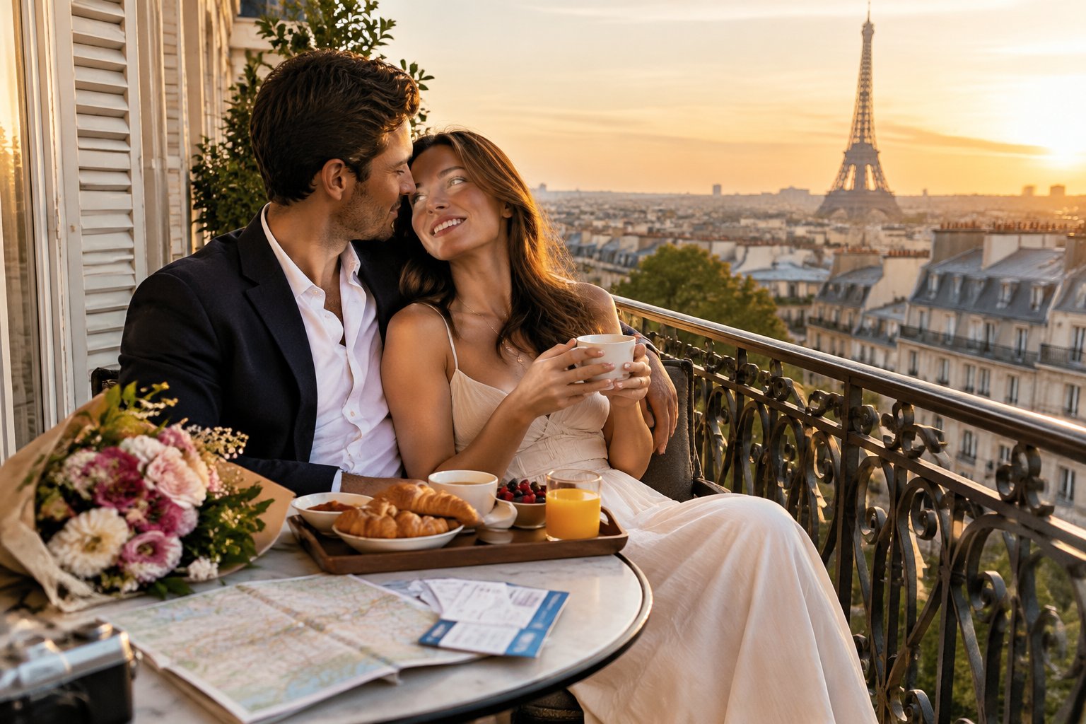 A newlywed couple shares a romantic moment on a Paris hotel balcony overlooking the Eiffel Tower.