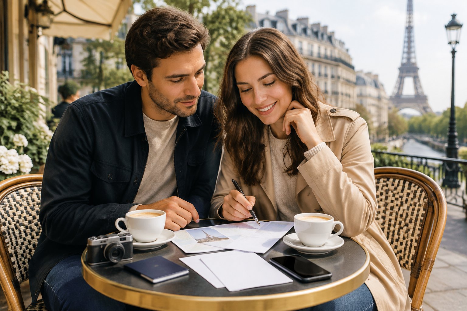 A couple reviews travel plans at a café in Paris.