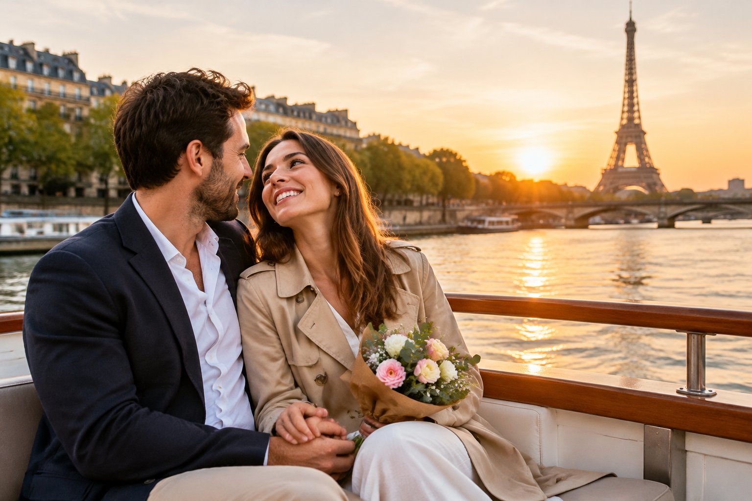 A newlywed couple holds hands on a Seine river cruise with the Eiffel Tower in the distance.