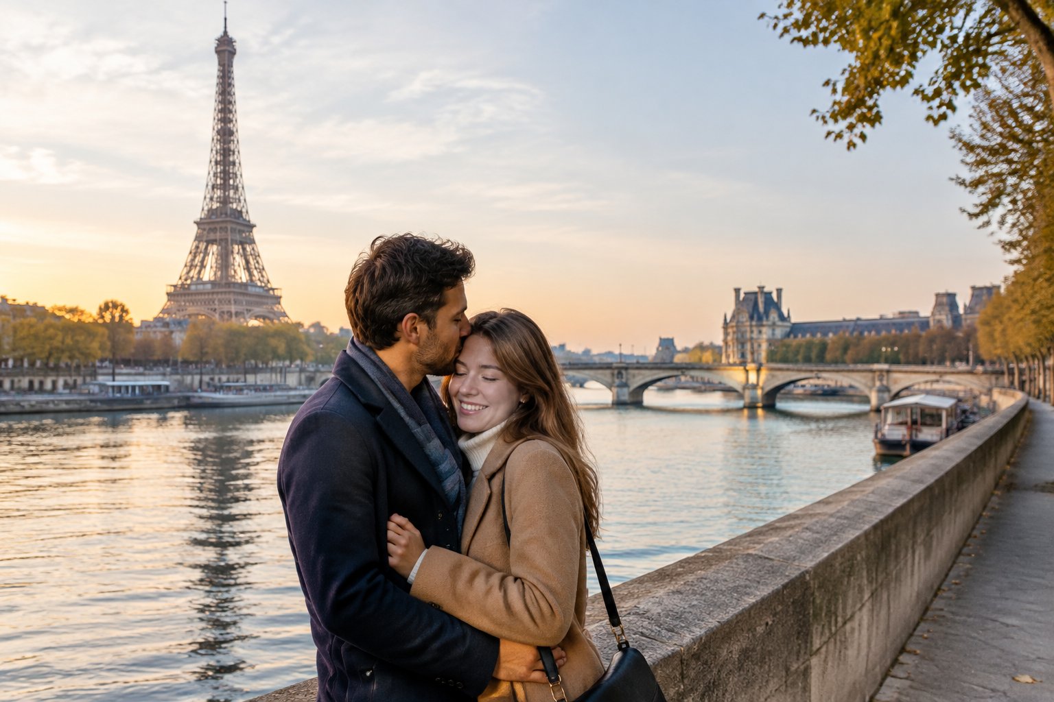 A couple shares a quiet moment beside the Seine, with the Eiffel Tower and Louvre in the background.