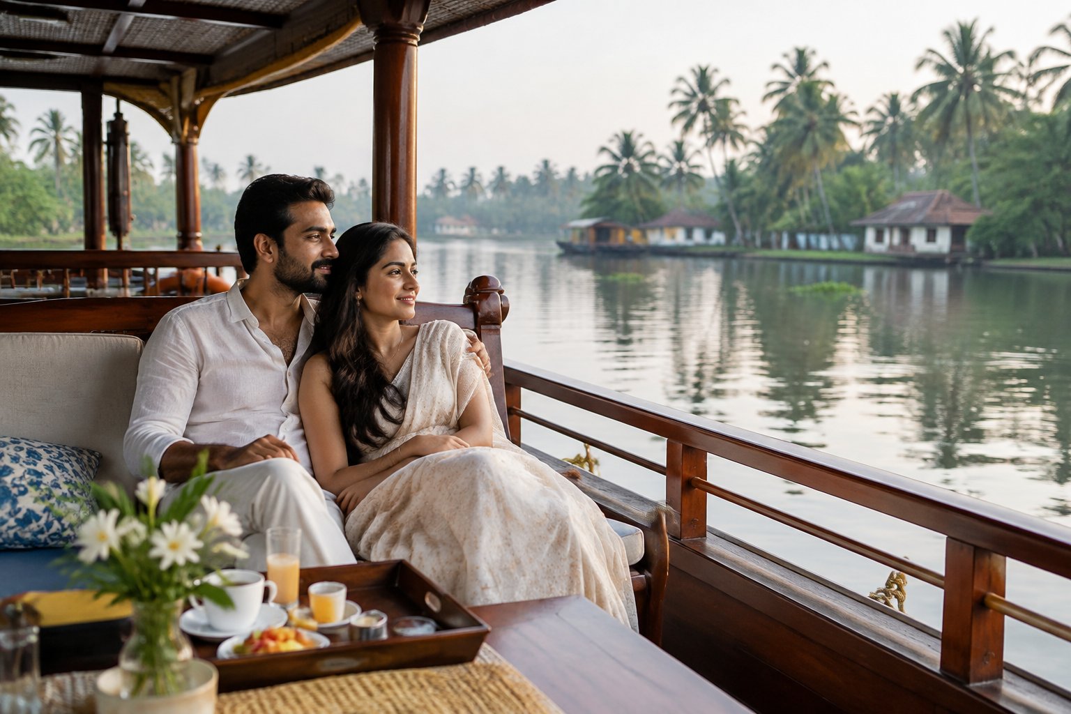 A couple relaxes aboard a houseboat on Kerala’s palm-lined backwaters.