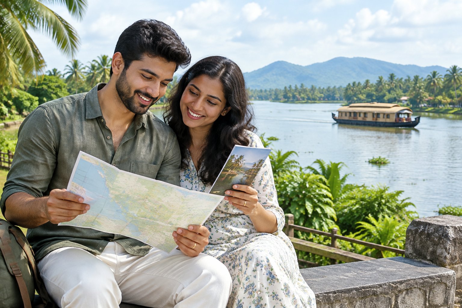 A couple looks over a travel map beside Kerala’s backwaters.