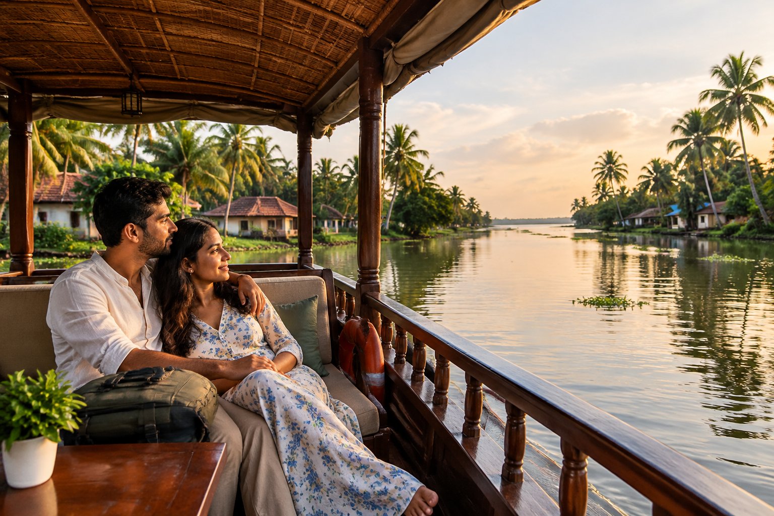 A newlywed couple rides a houseboat through Kerala’s palm-lined backwaters.