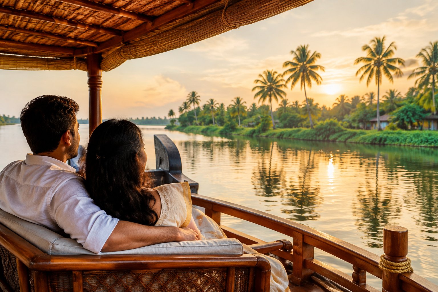 A newlywed couple relaxes on a houseboat surrounded by Kerala’s lush backwaters.