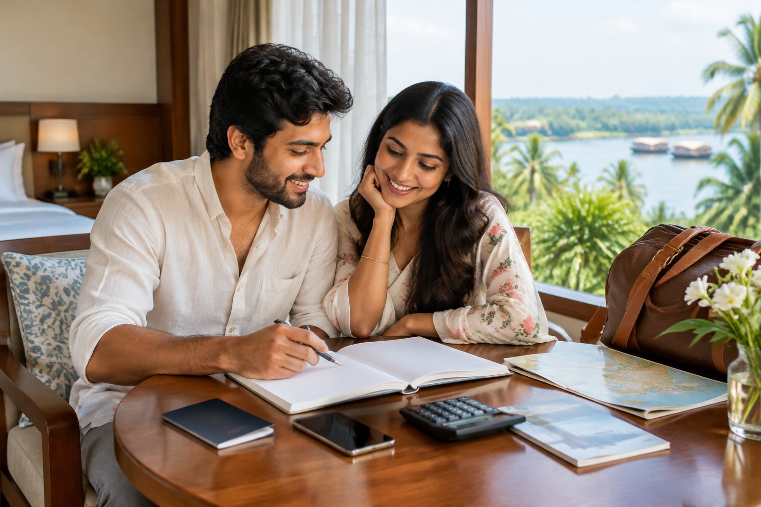 A newlywed couple in Kerala planning a trip together at a table.
