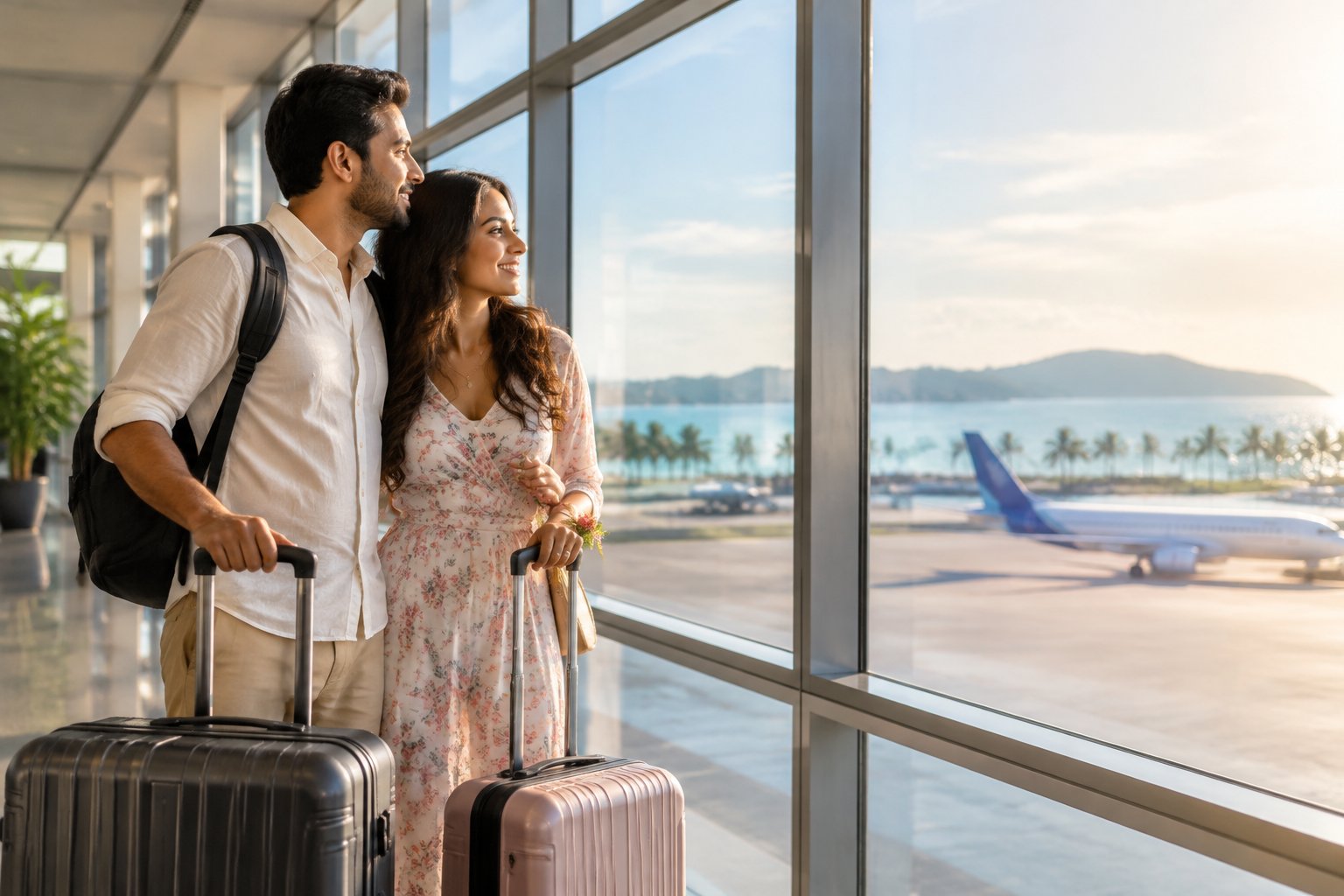 A newlywed couple with suitcases looks toward an airplane at the airport.