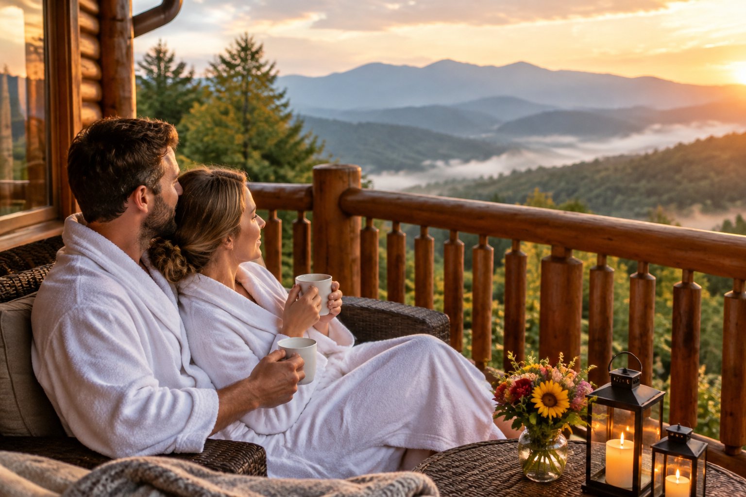 A newlywed couple shares a quiet moment on a cabin balcony overlooking the Smoky Mountains.