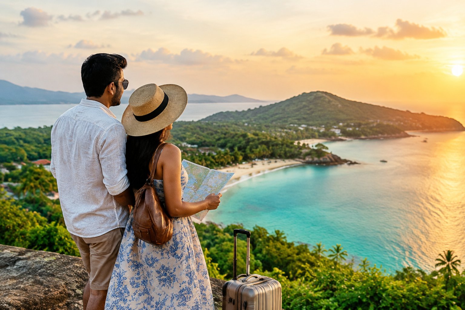A newlywed couple looks out over a tropical coastline with a suitcase beside them.
