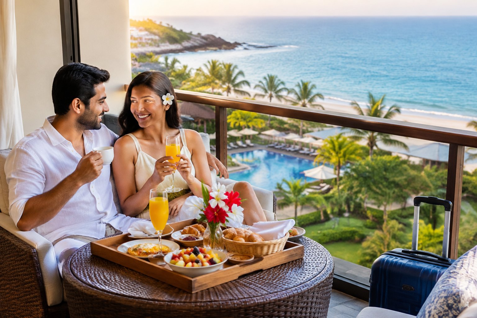 A newlywed couple enjoys breakfast on a resort balcony overlooking the coast.