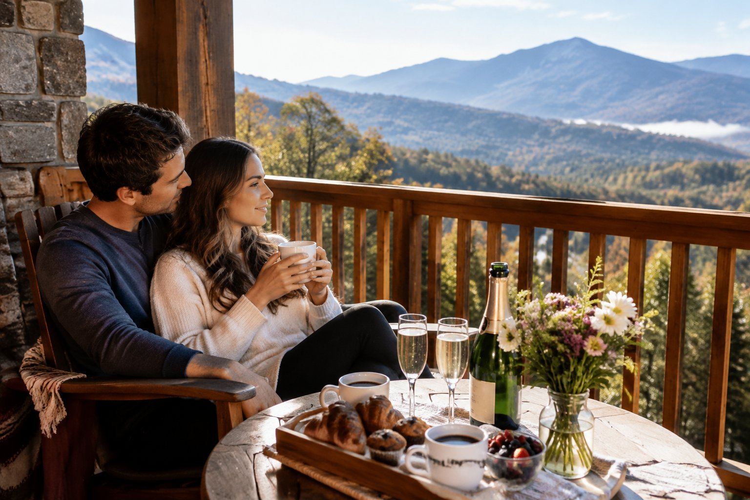 A newlywed couple shares breakfast on a mountain lodge balcony overlooking the Smoky Mountains.