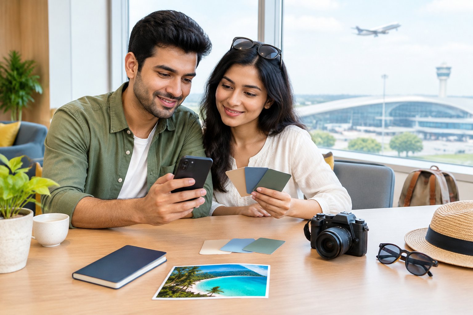 A newlywed couple reviews travel plans and budget items together at a desk.