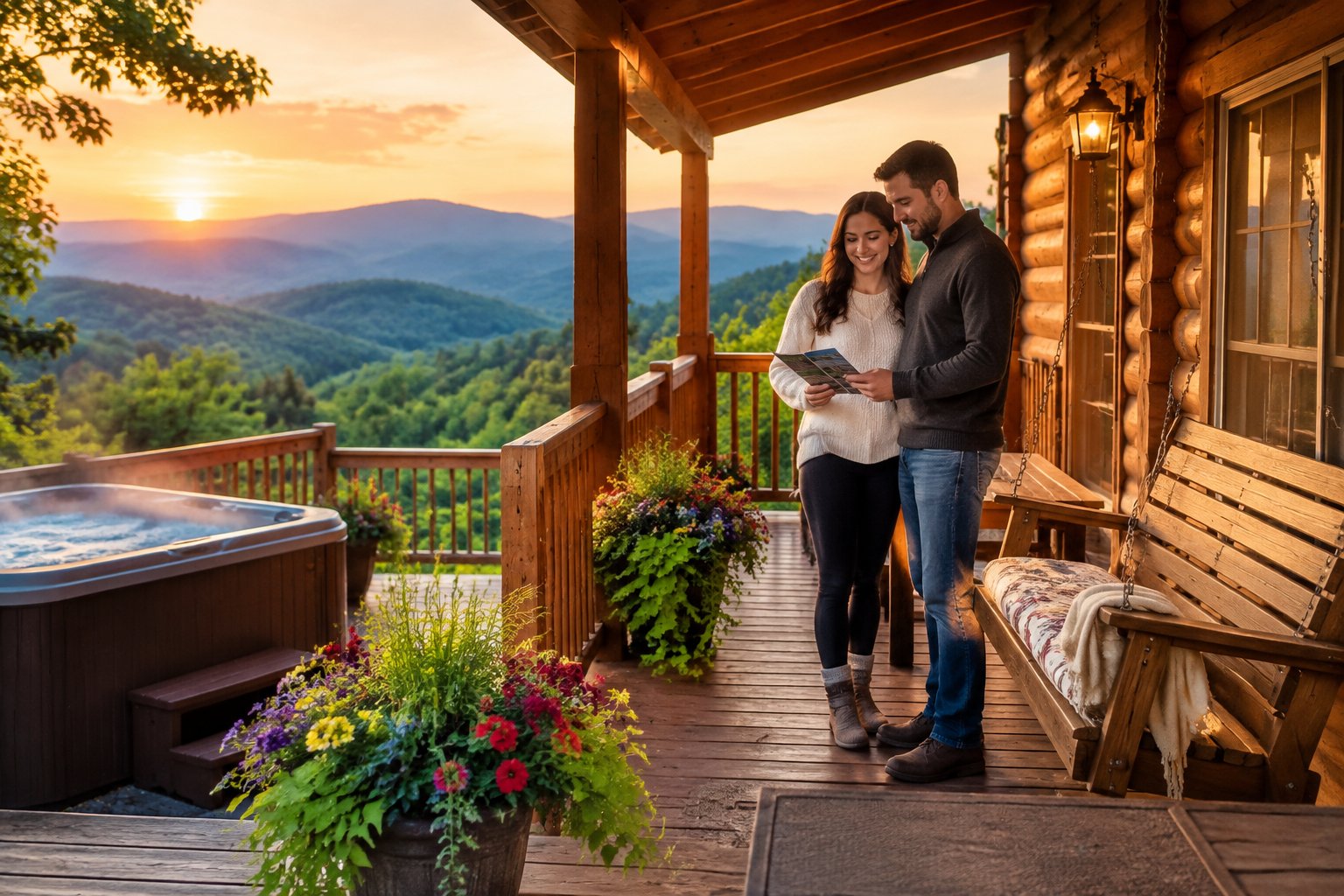 A couple stands on a cabin porch overlooking wooded mountain hills.