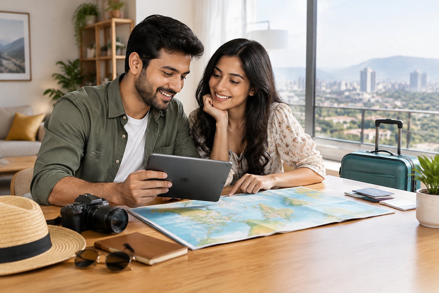 A couple reviews a map and tablet while planning a honeymoon trip.