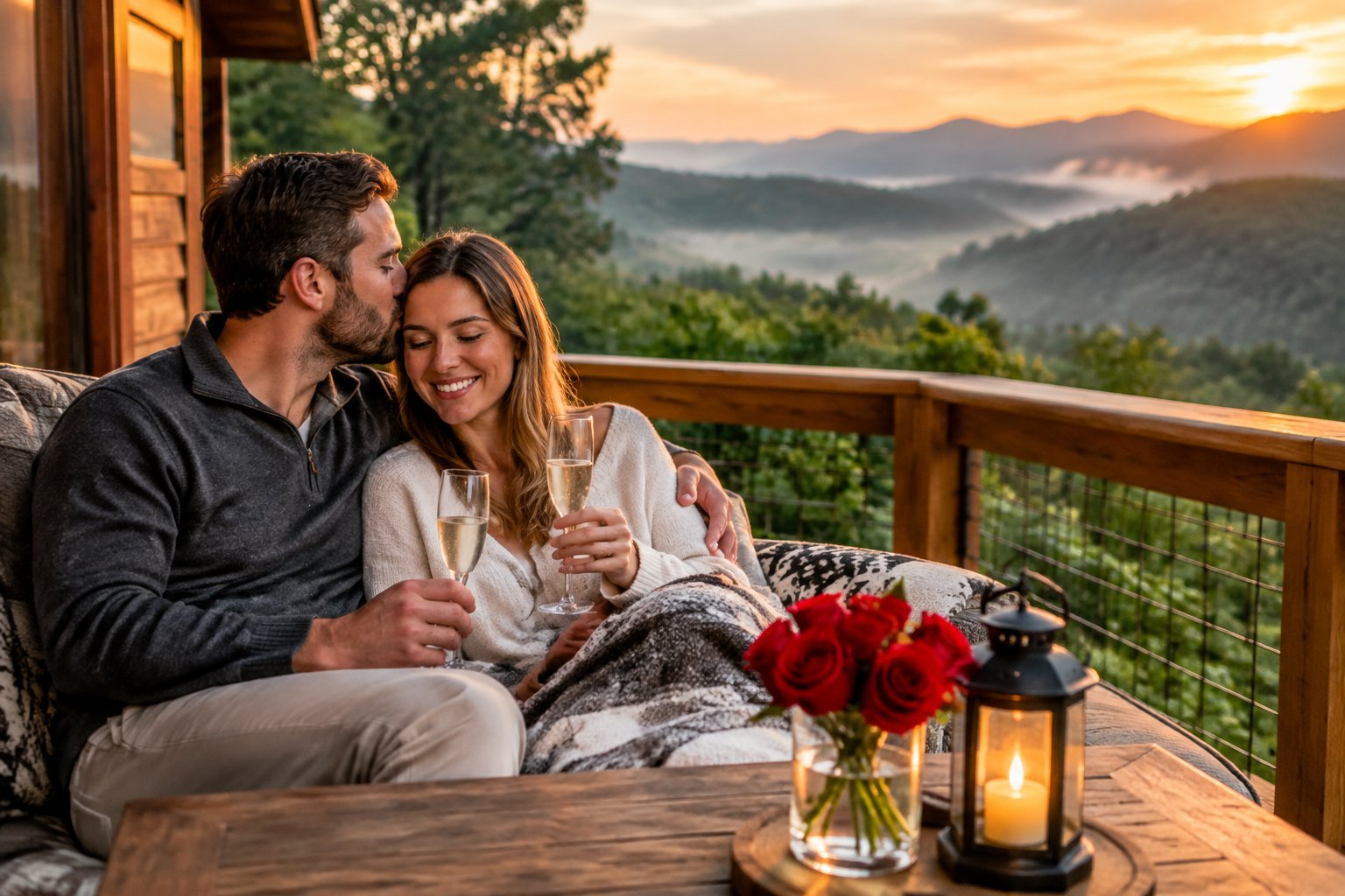 A newlywed couple shares a romantic moment on a cabin deck overlooking the mountains.