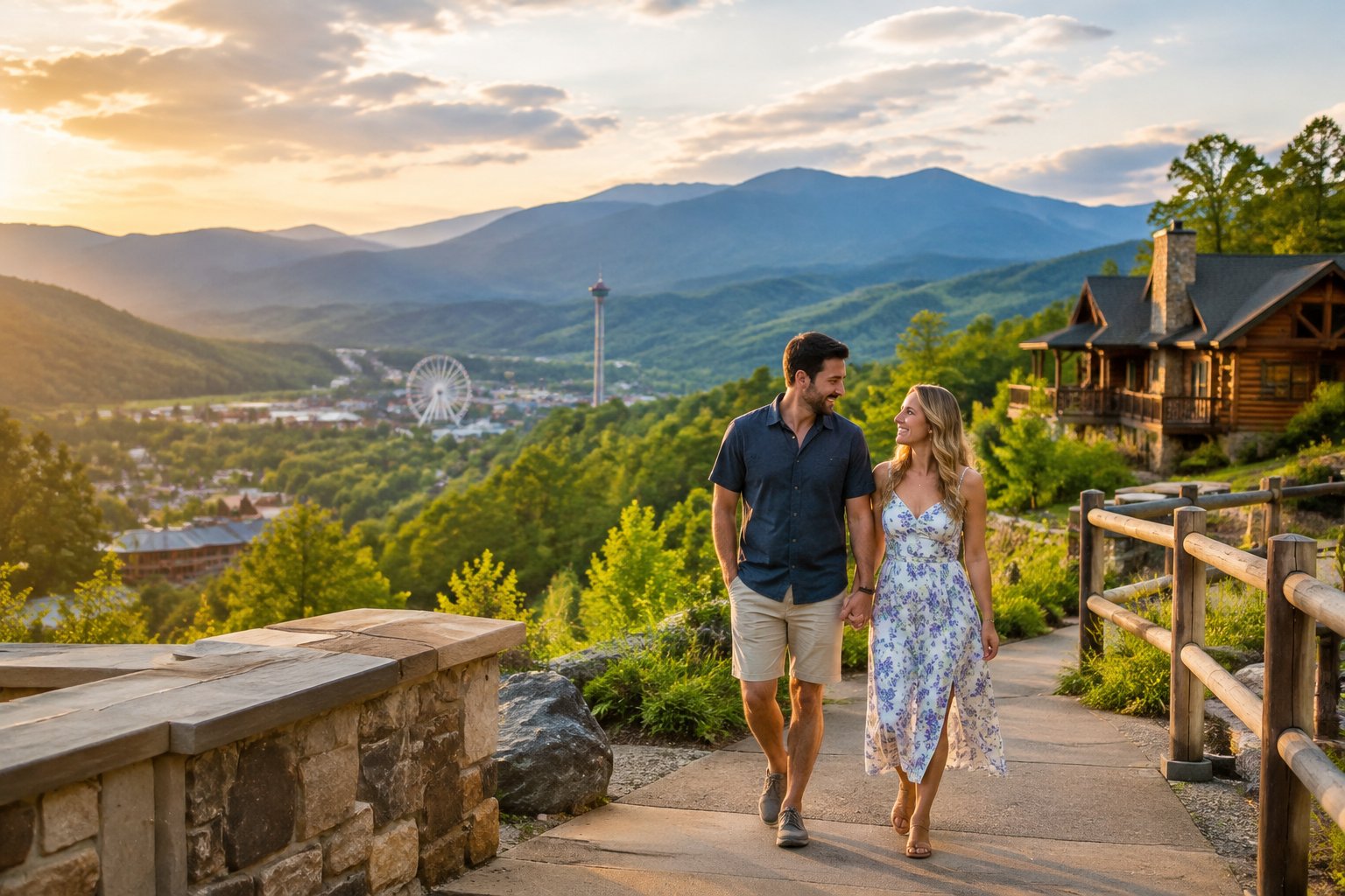 A couple strolls together with the Smoky Mountains and a mountain-town attraction in the background.