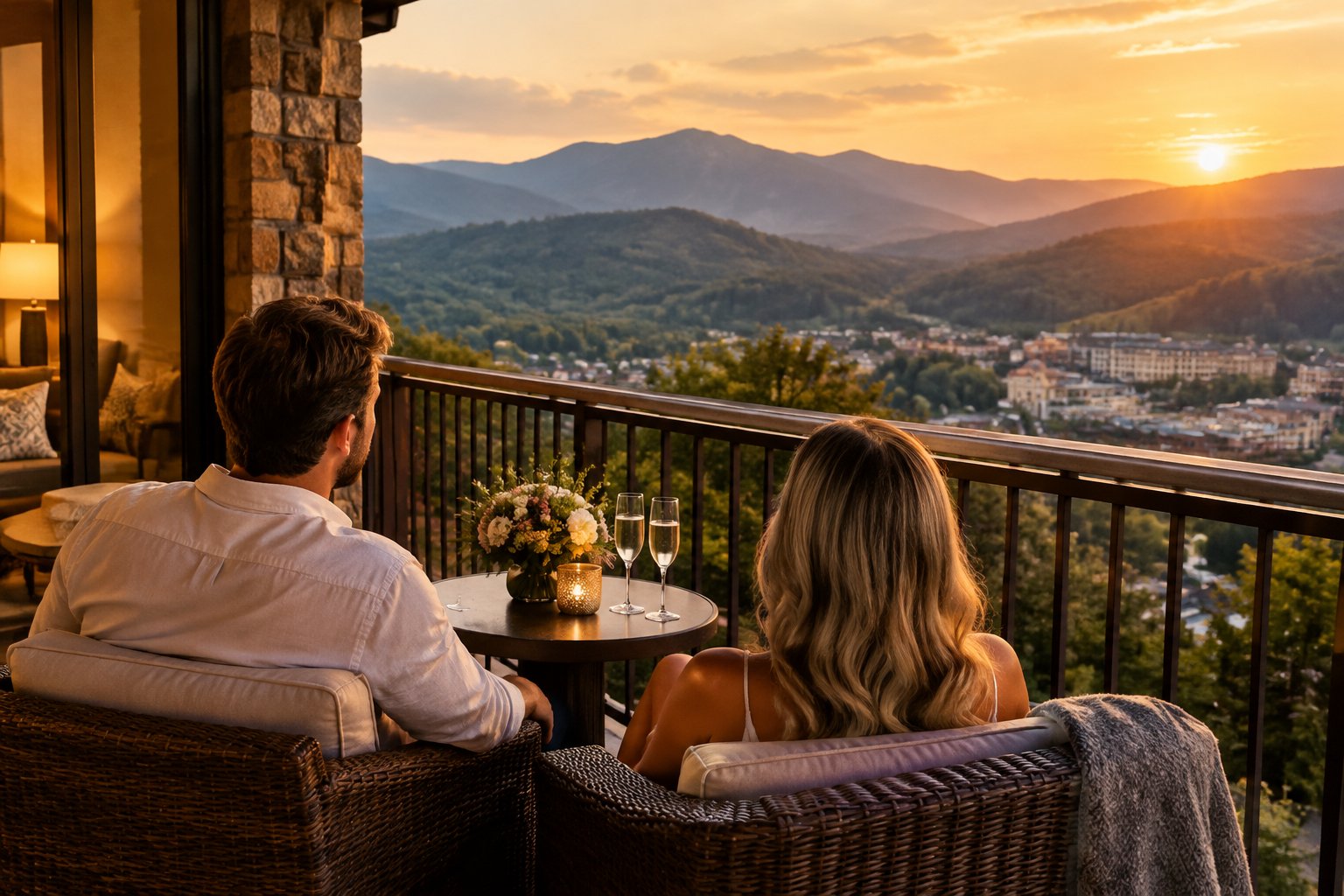 A couple shares a quiet moment on a hotel balcony overlooking the Smoky Mountains.
