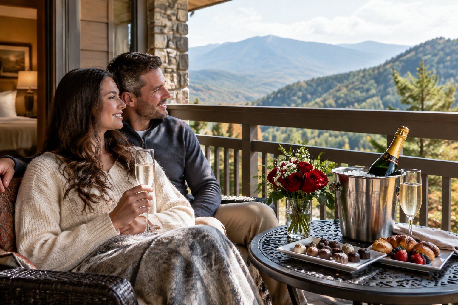 A newlywed couple enjoys a hotel balcony with roses, sparkling cider, and a mountain view.