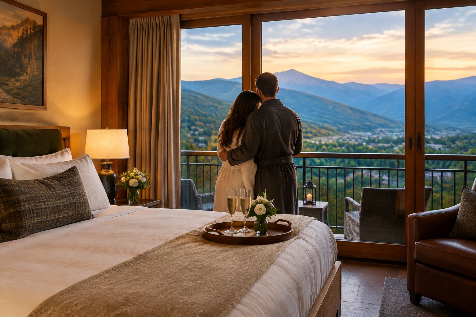 A couple relaxes in a mountain-view room at a cozy Tennessee cabin.