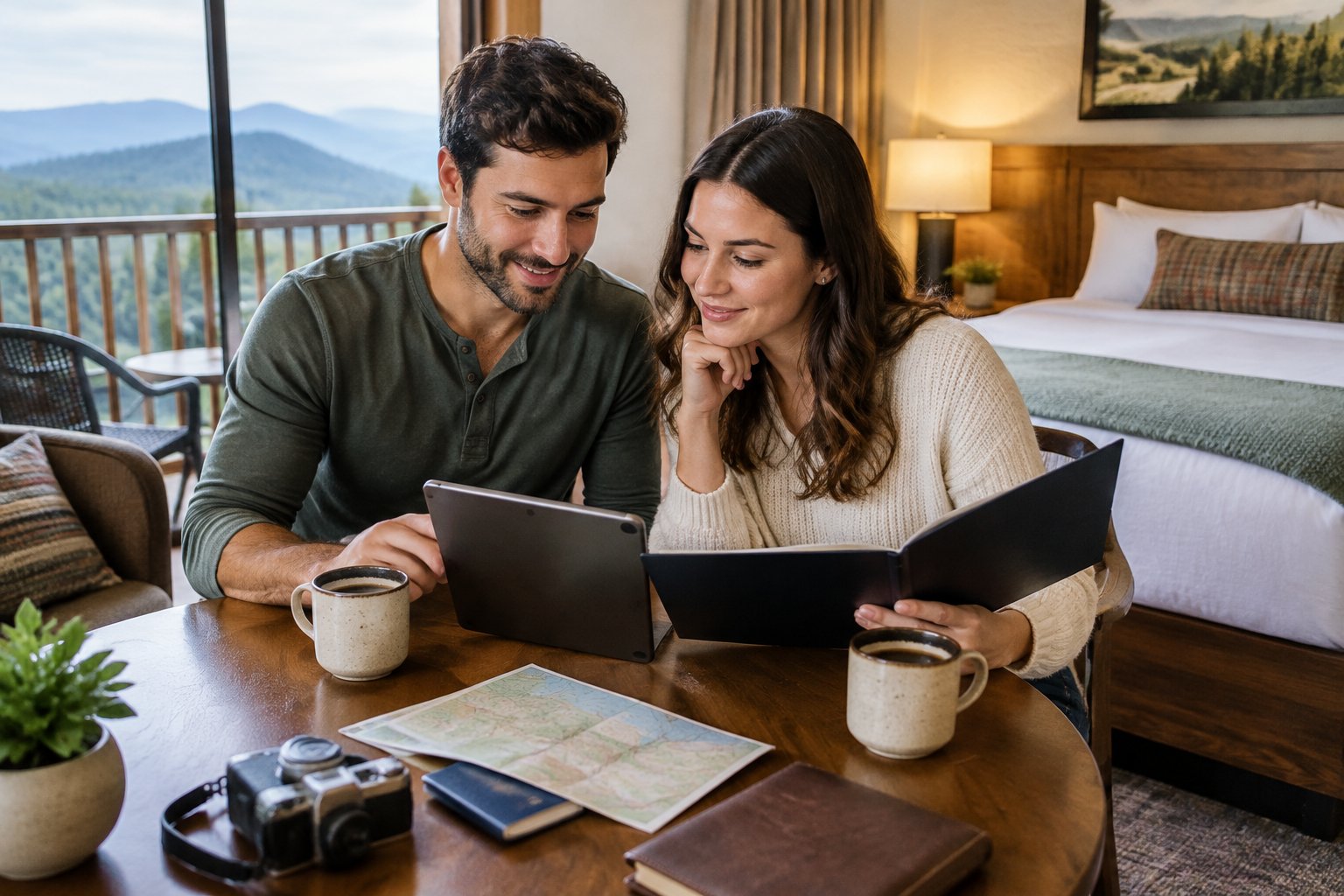 A couple reviews honeymoon hotel options at a table in a mountain-view suite.