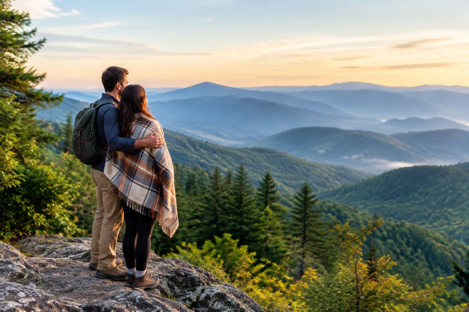 A couple shares a quiet moment overlooking the Smoky Mountains near Gatlinburg.
