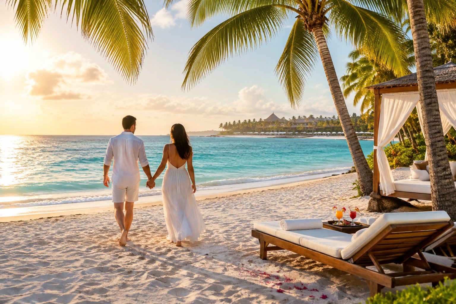 A couple walks hand in hand along a tropical beach beside a beachfront resort.