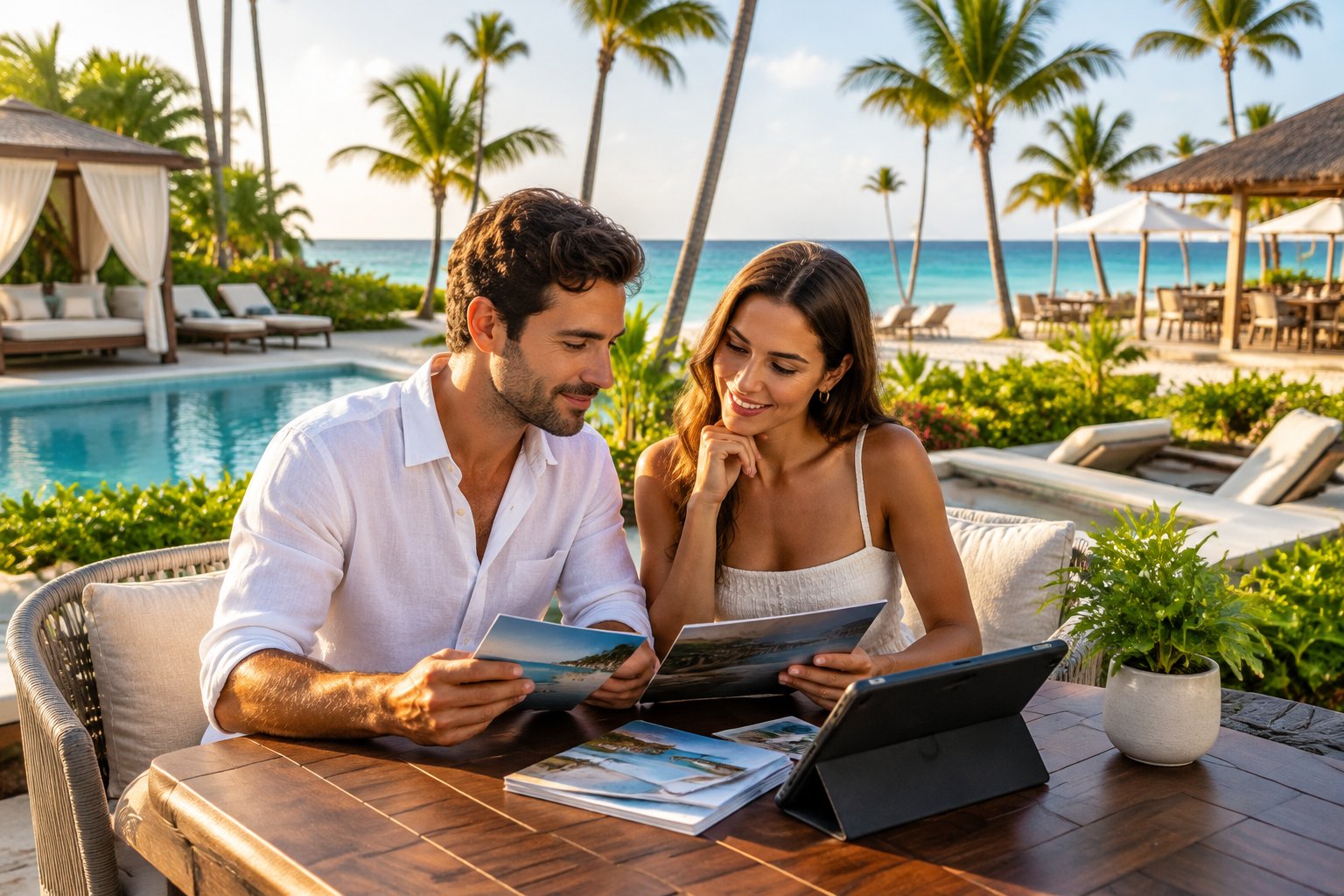 A couple compares resort options at a table overlooking a tropical beach.