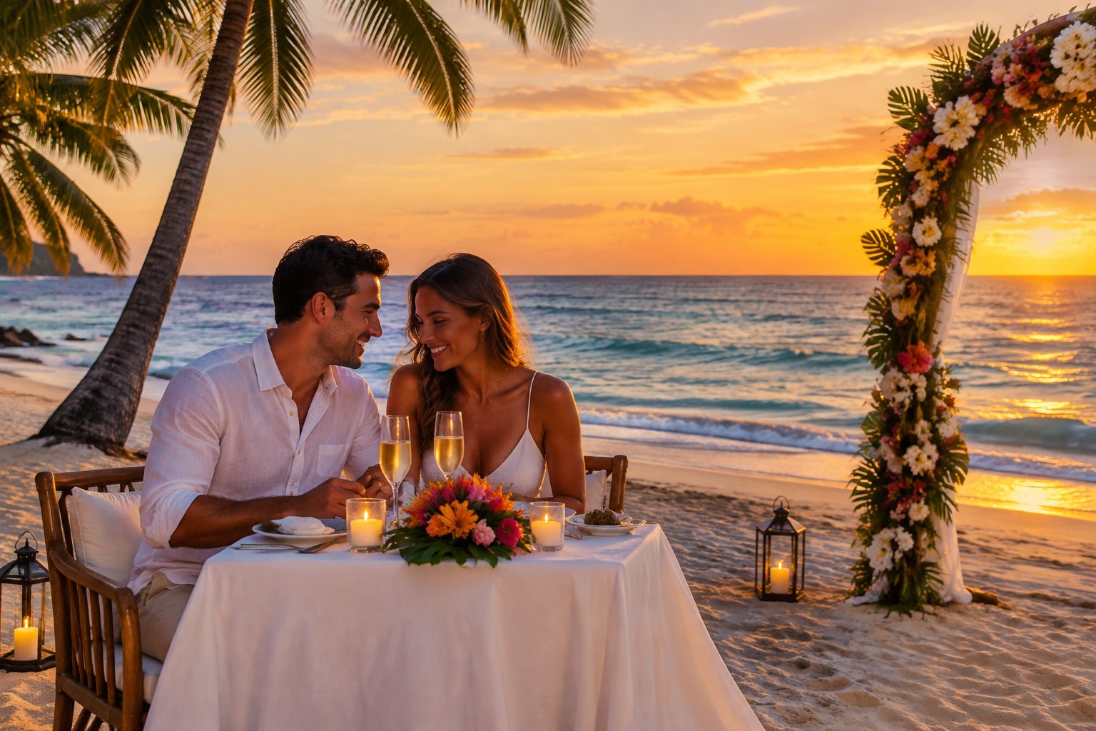 A couple shares a candlelit dinner on a tropical beach at sunset.